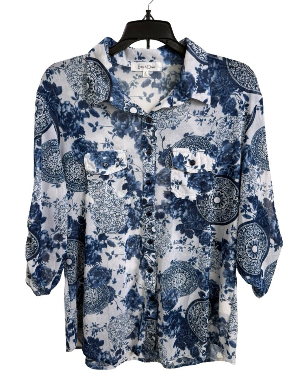 Eden & Olivia Mesh Button Up Top Blouse Large Blue White Floral Medallion Sheer